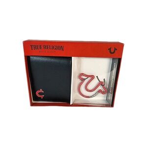 Mens True Religion Black/Red Altro Leather Bifold And Horseshoes Carabiner New
